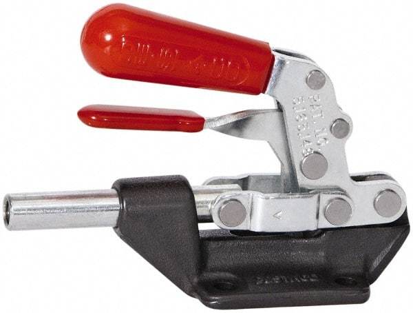 De-Sta-Co - 600 Lb Load Capacity, Flanged Base, Carbon Steel, Standard Straight Line Action Clamp - 4 Mounting Holes, 0.27" Mounting Hole Diam, 0.44" Plunger Diam, Straight Handle - Exact Tool & Supply