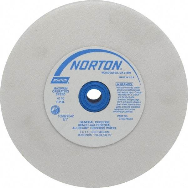 Norton - 60 Grit Aluminum Oxide Bench & Pedestal Grinding Wheel - 6" Diam x 1" Hole x 1" Thick, 4140 Max RPM, J Hardness, Medium Grade , Vitrified Bond - Exact Tool & Supply