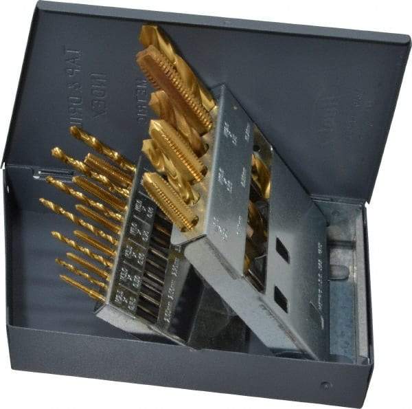 Hertel - 2.05 to 10.2mm Drill, M2.5x0.45 to M12x1.75 Tap, Hand Tap and Drill Set - TiN Finish High Speed Steel Drills, High Speed Steel Taps, Plug Chamfer, 18 Piece Set - Exact Tool & Supply