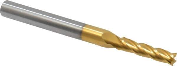 Hertel - 9/64", 1/2" LOC, 3/16" Shank Diam, 2" OAL, 4 Flute, Solid Carbide Square End Mill - Single End, TiN Finish, Spiral Flute, 30° Helix, Centercutting, Right Hand Cut, Right Hand Flute - Exact Tool & Supply
