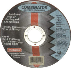 Metabo - 4-1/2" Zirconia Alumina Cutoff Wheel - 5/64" Thick, 7/8" Arbor, Use with Angle Grinders - Exact Tool & Supply