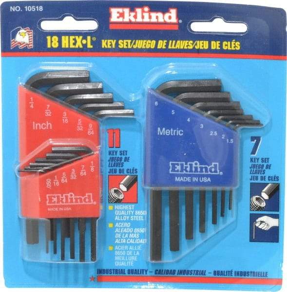 Eklind - 18 Piece L-Key Hex Key Set - Hex Range 0.05 to 1/4" - Exact Tool & Supply