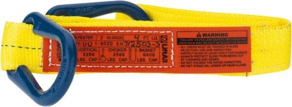 Lift-All - 4' Long x 2" Wide, 3,200 Lb Vertical Capacity, 1 Ply, Polyester Web Sling - 2,500 Lb Choker Capacity, Yellow - Exact Tool & Supply