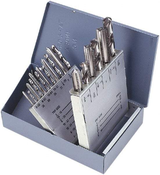 Chicago-Latrobe - 2.05 to 10.2mm Drill, M2.5x0.45 to M12x1.75 Tap, Hand Tap and Drill Set - Oxide Finish High Speed Steel Drills, Bright Finish High Speed Steel Taps, Plug Chamfer, 18 Piece Set, Includes Tap/Drill Chart - Exact Tool & Supply