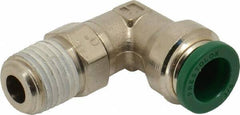 Parker - 3/8" Outside Diam, 1/4 NPTF, Nickel Plated Brass Push-to-Connect Tube Male Swivel Elbow - 300 Max psi, Tube to Male NPT Connection, Buna-N O-Ring - Exact Tool & Supply