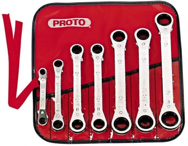 Proto - 7 Piece, 7mm to 21mm, 6, 12 Point Ratcheting Box Wrench Set - Metric Measurement Standard, Chrome Finish, Comes in Pouch - Exact Tool & Supply