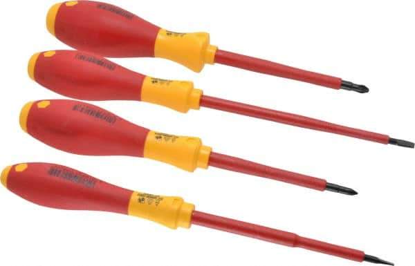 Wiha - 4 Piece Phillips & Slotted Screwdriver Set - Round Shank, Insulated Handle, Bit Sizes: Philips #1 & #2, Tip Thickness: 3/16 & 9/16 - Exact Tool & Supply