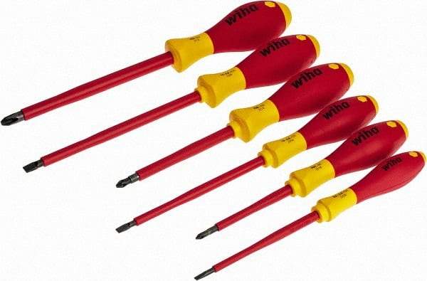 Wiha - 6 Piece Phillips & Slotted Screwdriver Set - Round Shank, Insulated Handle, Bit Sizes: Philips #1 to #3, Tip Thickness: 9/64, 3/16 & 1/4 - Exact Tool & Supply