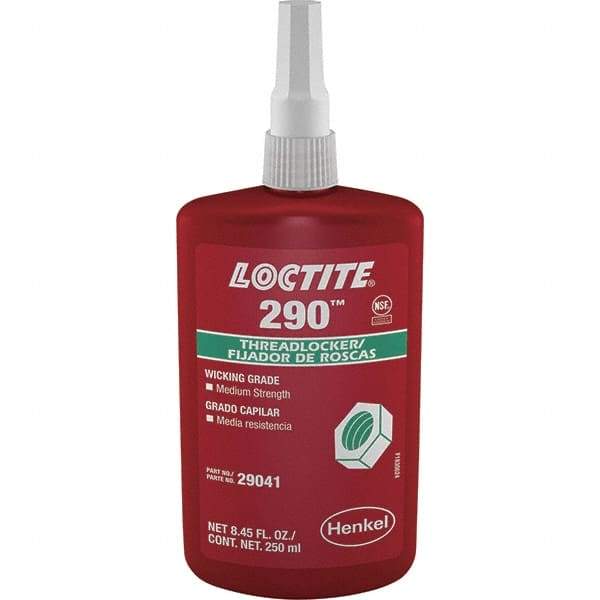 Loctite - 250 mL Bottle, Green, Medium Strength Liquid Threadlocker - Series 290, 24 hr Full Cure Time, Hand Tool, Heat Removal - Exact Tool & Supply