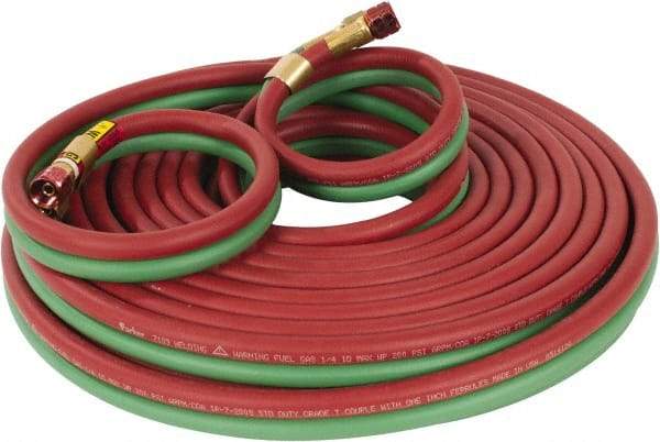 Parker - 1/4" Inside x 17/32" Outside Diam, Grade T Welding Hose - Green & Red, 50' Long, Twin Style, 200 psi Working Pressure - Exact Tool & Supply