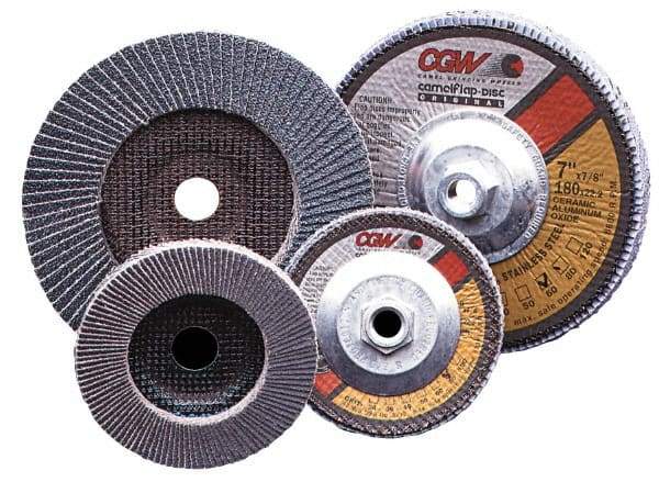 Camel Grinding Wheels - 40 Grit, 4" Disc Diam, 5/8" Center Hole, Type 27 Zirconia Alumina Flap Disc - 15,300 Max RPM, Poly Cotton Backing, Arbor Attaching System, Coated - Exact Tool & Supply