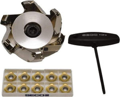 Seco - 3.7" Cut Diam, 1" Arbor Hole, 0.236" Max Depth of Cut, 45° Indexable Chamfer & Angle Face Mill - 6 Inserts, SE.X 43 Insert, Right Hand Cut, 6 Flutes, Through Coolant, Series R220.53 - Exact Tool & Supply