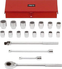 Proto - 19 Piece 3/4" Drive Chrome Finish Socket Set - 12 Points, 24mm to 46mm Range, Metric Measurement Standard - Exact Tool & Supply