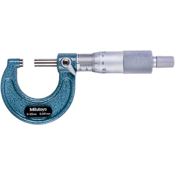 Mitutoyo - 0 to 25mm Range, 0.001mm Graduation, Mechanical Outside Micrometer - Ratchet Stop Thimble, 28mm Throat Depth, Accurate to 0.001mm - Exact Tool & Supply
