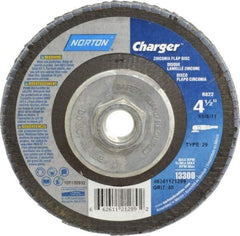 Norton - 40 Grit, 4-1/2" Disc Diam, 5/8-11 Center Hole, Type 29 Zirconia Alumina Flap Disc - 13,000 Max RPM, Fiberglass Backing, Arbor Attaching System, Coated - Exact Tool & Supply