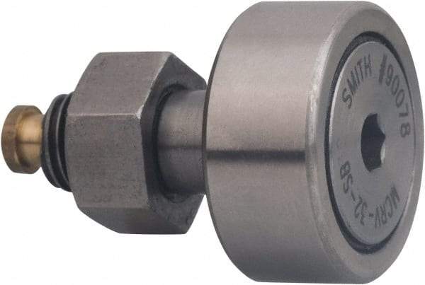 Accurate Bushing - 30mm Roller Diam x 14mm Width, 12mm Stud Diam x 25mm Length, Sealed Stud Cam Follower with Hex - Carbon Steel, 13mm Thread Length, M12 x 1.5 Thread, 40mm OAL, 12,200 N Dynamic Cap, 19,000 N Static Cap - Exact Tool & Supply