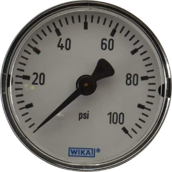 Wika - 2" Dial, 1/4 Thread, 0-100 Scale Range, Pressure Gauge - Center Back Connection Mount, Accurate to 3-2-3% of Scale - Exact Tool & Supply