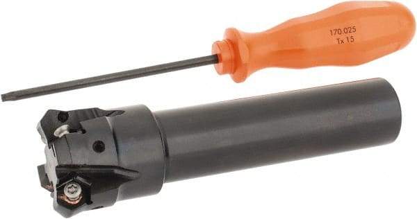 Kennametal - 45° Lead Angle, 39.93mm Max Cut Diam, 1-1/4" Min Cut Diam, 3.23mm Max Depth of Cut, Indexable Chamfer and Angle End Mill - 4 Inserts, HNGJ 0604ANENLD Insert Style, 132.08mm Overall Length, Through Coolant, Straight Shank - Exact Tool & Supply