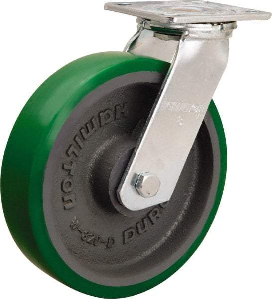 Hamilton - 8" Diam x 2" Wide x 9-1/2" OAH Top Plate Mount Swivel Caster - Polyurethane Mold onto Cast Iron Center, 900 Lb Capacity, Sealed Precision Ball Bearing, 4 x 4-1/2" Plate - Exact Tool & Supply