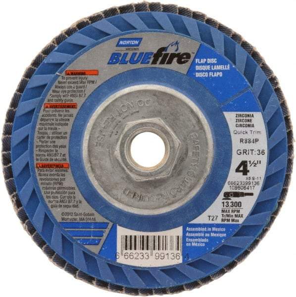 Norton - 36 Grit, 4-1/2" Disc Diam, 5/8-11 Center Hole, Type 27 Zirconia Alumina Flap Disc - 13,300 Max RPM, Cloth Backing, Arbor Attaching System, Coated - Exact Tool & Supply