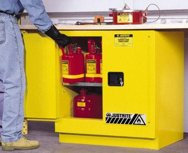 Justrite - 2 Door, 1 Shelf, Yellow Steel Under the Counter Safety Cabinet for Flammable and Combustible Liquids - 35" High x 35" Wide x 22" Deep, Manual Closing Door, 22 Gal Capacity - Exact Tool & Supply