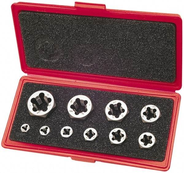 Cle-Line - 1/4-20 to 1-8 UNC, Hex Die Set - Carbon Steel, 10 Piece Set, Comes with Plastic Case - Exact Tool & Supply