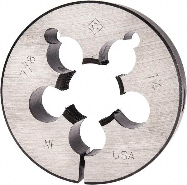 Cle-Line - 7/8-14 UNF Thread, 2-1/2" Outside Diam Carbon Steel Round Die - 3/4" Thick, Right Hand Thread, Adjustable - Exact Tool & Supply