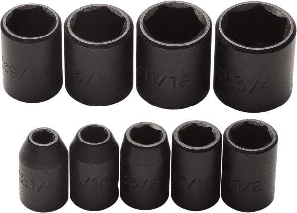 Proto - 9 Piece 3/8" Drive Impact Socket Set - 6 Points, 1/4" to 3/4" Range, Inch Measurement Standard - Exact Tool & Supply