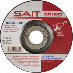 Sait - 24 Grit, 4" Wheel Diam, 1/4" Wheel Thickness, 3/8" Arbor Hole, Type 27 Depressed Center Wheel - Aluminum Oxide, Resinoid Bond, N Hardness, 13,500 Max RPM, Compatible with Angle Grinder - Exact Tool & Supply
