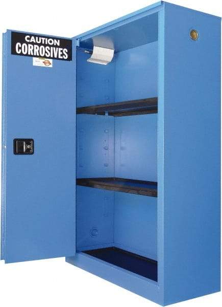 Securall Cabinets - 2 Door, 2 Shelf, Blue Steel Standard Safety Cabinet for Corrosive Chemicals - 65" High x 43" Wide x 18" Deep, Sliding Door, 3 Point Key Lock, 45 Gal Capacity - Exact Tool & Supply