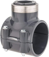 Value Collection - 3 x 1-1/4" PVC Plastic Pipe Clamp On Saddle with Viton O-Ring - Schedule 80, Pipe O.D. x SR Fipt End Connections - Exact Tool & Supply