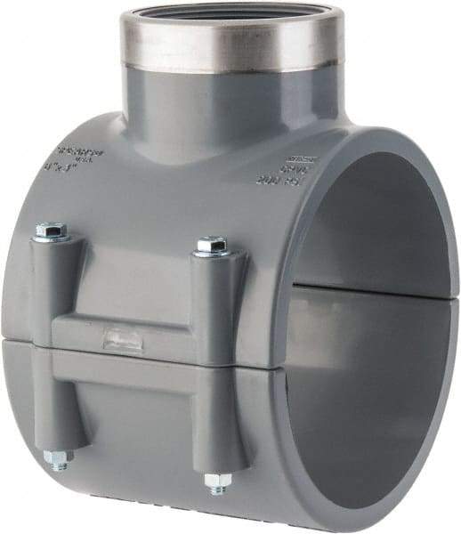 Value Collection - 6 x 4" PVC Plastic Pipe Clamp On Saddle with Viton O-Ring - Schedule 80, Pipe O.D. x SR Fipt End Connections - Exact Tool & Supply