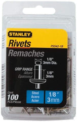 Stanley - Steel Color Coded Blind Rivet - Steel Mandrel, 0.062" to 1/8" Grip, 1/4" Head Diam, 0.125" to 0.133" Hole Diam, 0.275" Length Under Head, 1/8" Body Diam - Exact Tool & Supply