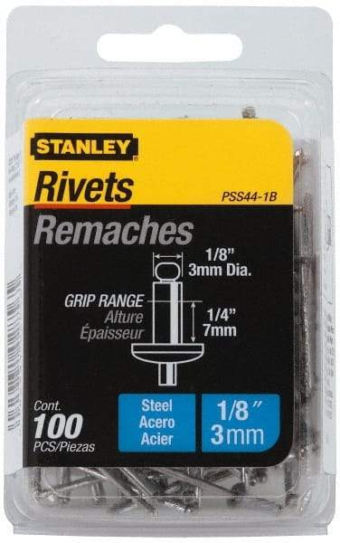 Stanley - Steel Color Coded Blind Rivet - Steel Mandrel, 0.188" to 1/4" Grip, 1/4" Head Diam, 0.125" to 0.133" Hole Diam, 0.4" Length Under Head, 1/8" Body Diam - Exact Tool & Supply