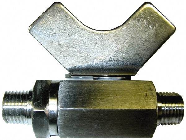 Midwest Control - 3/8" Pipe, Reduced Port, Stainless Steel Miniature Ball Valve - 2 Piece, Inline - Two Way Flow, MNPT x MNPT Ends, Butterfly Handle, 1,000 WOG, 150 WSP - Exact Tool & Supply