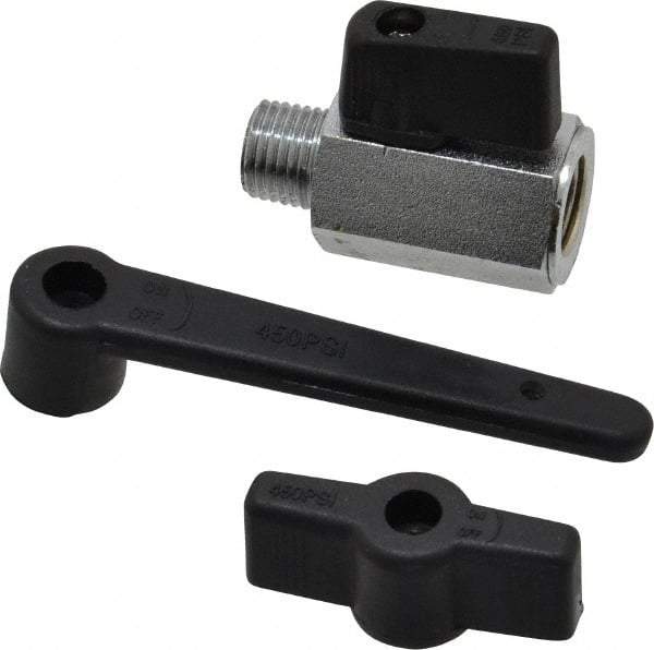 Midwest Control - 1/4" Pipe, Full Port, Brass Miniature Ball Valve - 1 Piece, Inline - Two Way Flow, MNPT x FNPT Ends, Wedge Handle, 450 WOG - Exact Tool & Supply