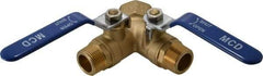 Midwest Control - 3/4 x 1" Pipe, Standard Port, Brass Standard Ball Valve - 2 Piece, Three Way, FNPT x MNPT x MNPT Ends, Lever Handle, 600 WOG, 150 WSP - Exact Tool & Supply