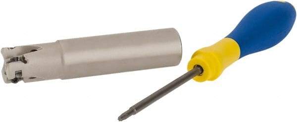 Iscar - 3/4" Cut Diam, 0.315" Max Depth of Cut, 3/4" Shank Diam, 3.38" OAL, Indexable Square Shoulder Helical End Mill - H490 ANKX 09.. Inserts, Weldon Shank, 90° Lead Angle, Through Coolant, Series Helido - Exact Tool & Supply