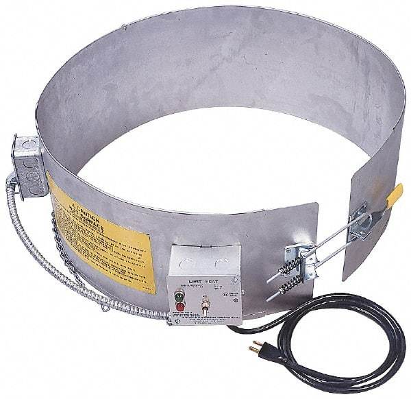 Made in USA - 9-1/4" Wide, 5 Gallon Wrap-Around Drum Heater - 120 Volt, to 800 Watts, 0.9 Amps, 0°F to 165°F Thermostat Rating - Exact Tool & Supply