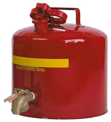 Eagle - 5 Gal Brass Faucet Safety Can - 13-1/2" High x 12-1/2" Diam, Red with Yellow - Exact Tool & Supply