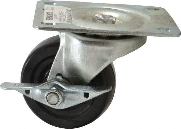 Value Collection - 3" Diam x 1-1/4" Wide x 3-13/16" OAH Top Plate Mount Swivel Caster with Brake - Soft Rubber, 175 Lb Capacity, Self-Lubricating Bearing, 3-1/8 x 4-1/8" Plate - Exact Tool & Supply
