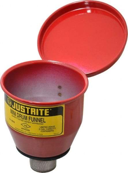 Justrite - 4-1/2" High x 4-1/2" Diam, Galvanized Steel, Manual Closing Pail Funnel with Flame Arrester - 1" Arrester/Tube Length, 5 Gal Drum/Pail Capacity - Exact Tool & Supply
