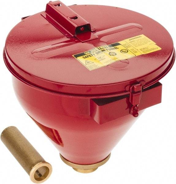 Justrite - 10" High x 10-3/4" Diam, Galvanized Steel, Self Closing Drum Funnel with Flame Arrester - 6" Arrester/Tube Length, 30 to 50 Gal Drum/Pail Capacity - Exact Tool & Supply