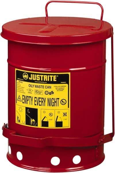 Justrite - 6 Gallon Capacity, Galvanized Steel Disposal Can - 11-7/8 Inch Wide/Diameter x 15-7/8 Inch High, Red, Foot Operated, Approved FM and UL - Exact Tool & Supply