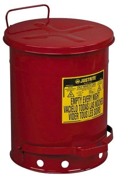 Justrite - 10 Gallon Capacity, Galvanized Steel Disposal Can - 13-15/16 Inch Wide/Diameter x 18-1/4 Inch High, Red, Foot Operated, Approved FM and UL - Exact Tool & Supply