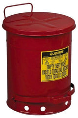 Justrite - 10 Gallon Capacity, Galvanized Steel Disposal Can - 13-15/16 Inch Wide/Diameter x 18-1/4 Inch High, Red, Foot Operated, Approved FM and UL - Exact Tool & Supply