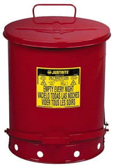 Justrite - 14 Gallon Capacity, Galvanized Steel Disposal Can - 16-1/16 Inch Wide/Diameter x 20-1/4 Inch High, Red, Foot Operated, Approved FM and UL - Exact Tool & Supply