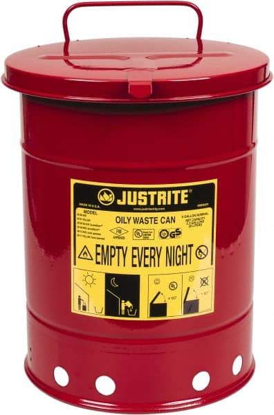 Justrite - 6 Gallon Capacity, Galvanized Steel Disposal Can - 11-7/8 Inch Wide/Diameter x 15-7/8 Inch High, Red, Hand Operated, Approved FM and UL - Exact Tool & Supply