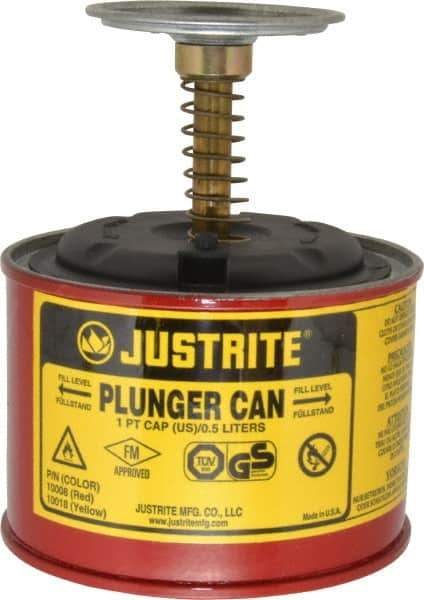 Justrite - 1 Pint Capacity, 5-1/4 Inch High x 4-7/8 Inch Diameter, Steel Plunger Can - 2-3/4 Inch Dasher Diameter, Red, Approval Listing/Regulation FM - Exact Tool & Supply