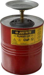 Justrite - 4 Quart Capacity, 10-1/2 Inch High x 7-1/4 Inch Diameter, Steel Plunger Can - 5 Inch Dasher Diameter, Red, Approval Listing/Regulation FM - Exact Tool & Supply